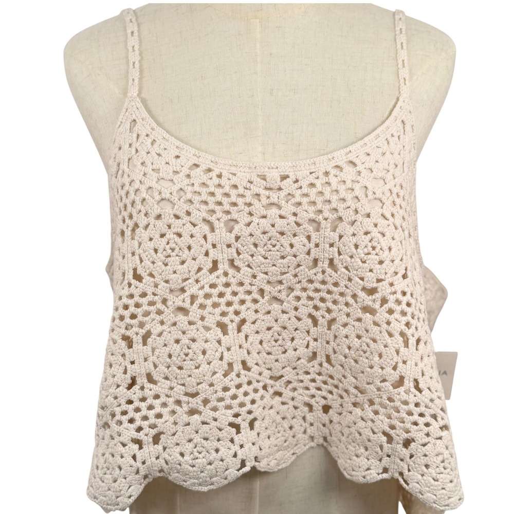 70s Style Womens XXL Natural Crochet Cami Top Boho Scalloped Hem Festival Hippie